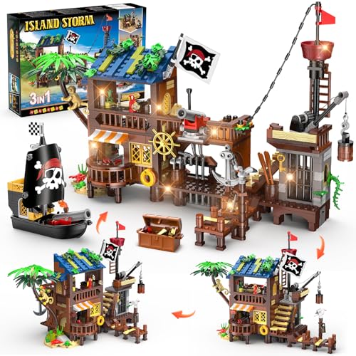 HOGOKIDS Piratenschiff Wharf Bauspielzeug mit LED Licht – 781Teile Mittelalterliches Piraten Haus Bausteinset, Architektursteine Set für Kinder Mädchen Jungen 6-12+ Erwachsener Geburtstagsgeschenk von HOGOKIDS