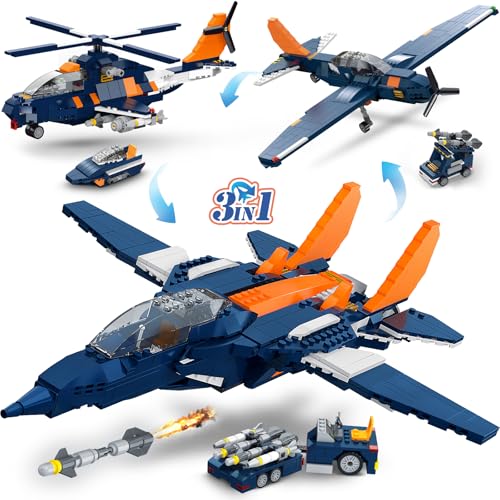 HOGOKIDS 3-in-1 Kampfjet Flugzeug Bauspielzeug, Militär-Propellerflugzeuge/Kampfhubschrauber Baukästen mit Fahrzeug/Raketenwerfer/Schnellboot, Geschenk für Kinder, Jungen Mädchen ab 10 Jahren, 738 PCS von HOGOKIDS