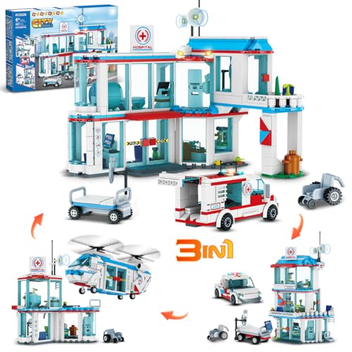 HOGOKIDS City 3 IN 1 Krankenhaus Baukasten - 638 Stück STEM Rettungshubschrauber Notfall Spielzeug Ambulanz LKW mit Krankenhausbett Rollstuhl Spielset Geschenk für Jungen Mädchen Kinder 6 7 8 9+ Jahre von HOGOKIDS