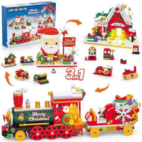 HOGOKIDS 3-in-1 Weihnachten Bauspielzeug mit LED Licht - 403 pcs Weihnachtszug/Weihnachtsmann/Weihnachtshaus Mini Bausteinset mit Aufklebern, Kinder, Jungen Mädchen ab 6 Jahren von HOGOKIDS