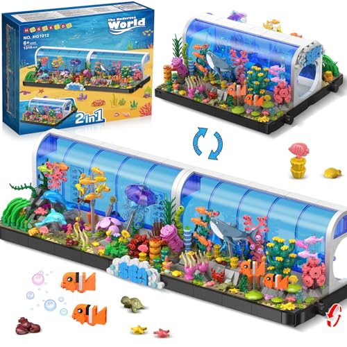 HOGOKIDS Aquarium-Bausätze – 2 Arten von Ozeanarium-Bauspielzeug für Kinder Erwachsene, schwenkbares Unterwasser-Aquarium inkl Delfinen Haien Fischen Quallen Konstruktionsgeschenk Jungen Mädchen 6–12 von HOGOKIDS