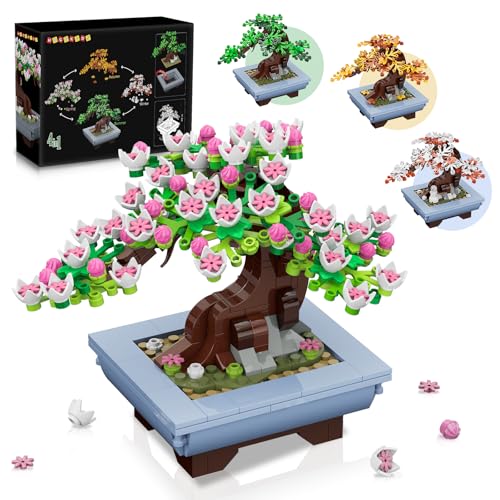 HOGOKIDS Blumen Bonsai Baum Bauset - 4 Jahreszeiten Sakura Bausteine 584 Stück, Pflanzen Kollektion Deko Bausatz, Geburtstagsgeschenk für Erwachsene Kinder Mädchen Jungs im Alter von 6-12+ von HOGOKIDS