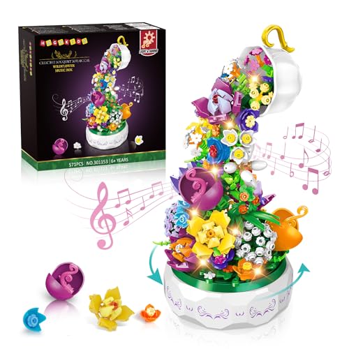 HOGOKIDS Blumen Musik Bauspielzeug mit LED Licht - Künstliche Blumen Rotierende Spieluhr Bausteine | Botanical Collection-Set für Erwachsene, Valentinstag oder Jahrestag-Geschenk für Partner 571 Teile von HOGOKIDS