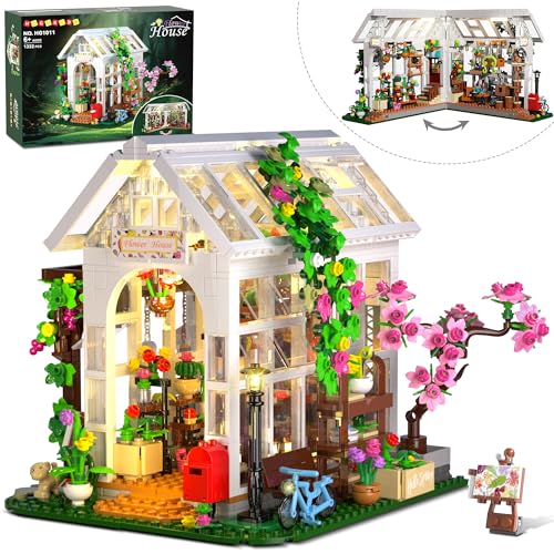 HOGOKIDS Blumenhaus-Bausätze mit LED-Licht – 1332 Teile Gartenhaus-Bauspielzeug mit Blumen Topfpflanzen Papagei Katze Tieren Spielset Gewächshausmodell Erwachsene Kinder 6–12 Jahre von HOGOKIDS