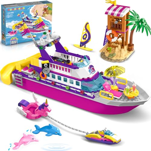 HOGOKIDS Bootsbausatz mit LED-Licht – schwimmfähiges Kreuzfahrtschiff-Bauspielzeug mit Strand-Wasserscooter Delfin, Freunde-Spielset, Geschenke für Kinder Mädchen Jungen von 6–12 Jahren (501 Teile) von HOGOKIDS