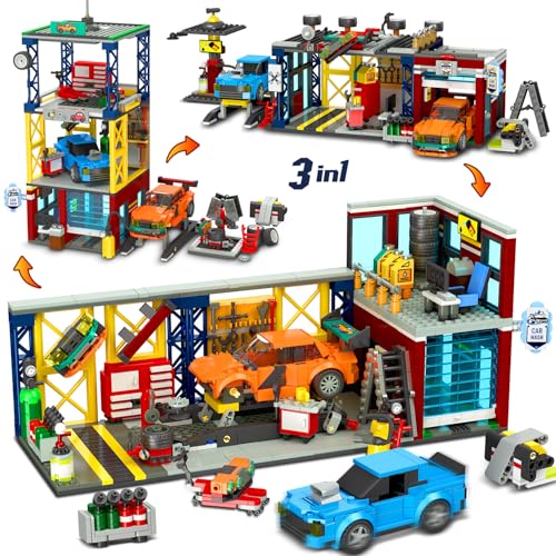 HOGOKIDS 3 IN 1 City Auto Garage Bausteine, 1022 Teiles Technik Autowerkstatt, Waschanlage, Werkstatt mit 2 Autos Bausatz Mechanic Reparatur Baustelle Spielzeug Geschenk für 10+ Jungen Kinder Mädchen von HOGOKIDS