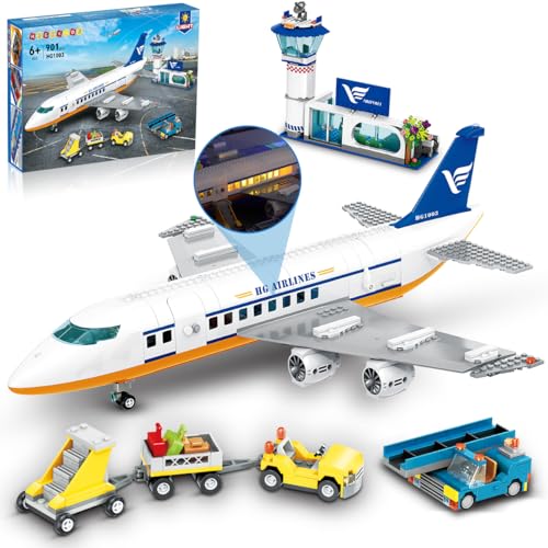 HOGOKIDS City Passagierflugzeug Bauspielzeug Set mit LED Licht, 901 PCS Flugzeug Bausteine Spielzeug mit Terminal, Radarturm, Anhänger, Flugzeug-Modell Geschenke für Jungen Mädchen ab 6 7 8 9 10 Jahre von HOGOKIDS