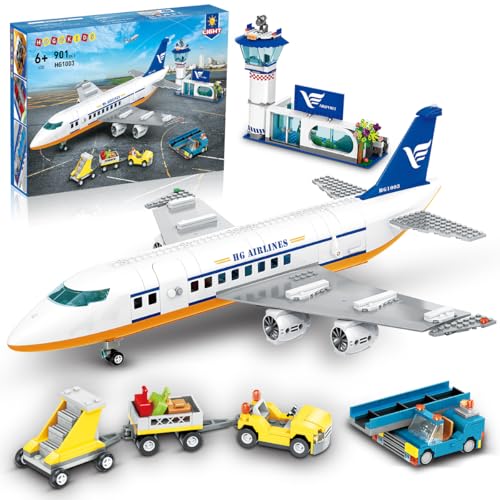 HOGOKIDS City Passagierflugzeug Bauspielzeug Set mit LED Licht, 901 PCS Flugzeug Bausteine Spielzeug mit Terminal, Radarturm, Anhänger, Flugzeug-Modell Geschenke für Jungen Mädchen ab 6 7 8 9 10 Jahre von HOGOKIDS