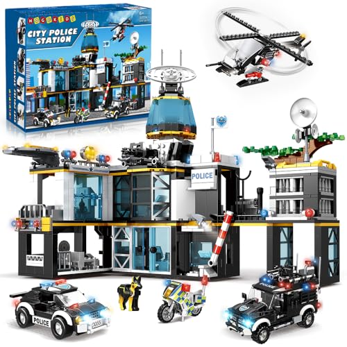 HOGOKIDS City Polizeistation Bausteine Spielzeug mit Hubschrauber Motorrad und Polizeiauto - 1261 Teilige Polizei Bauspielzeugset, STEM Geschenk für Kinder Jungen Mädchen Alter 8 9 10 11 12+ von HOGOKIDS