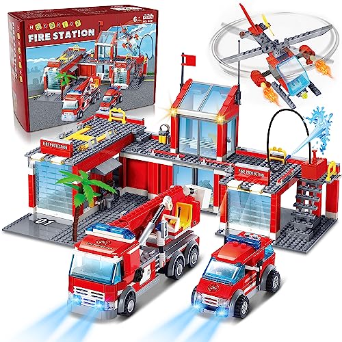 HOGOKIDS City Feuerwache Bausteine Spielzeug - 775 Teilige Fire Rescue Helicopter Spielzeugset Krankenwagen Feuerwehrauto LKW Bauklötze Geschenk für Kinder Jungen Mädchen Alter 6 7 8 9 10 11+ Jahren von HOGOKIDS