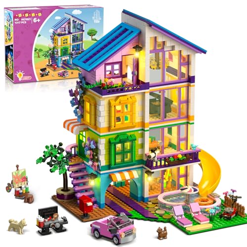 HOGOKIDS Freunde Haus Bauspielzeug mit LED Licht - 1317 Teile Villa Bausteine Spielzeug mit Rutsche und Auto, Traumgarten Haus Baukasten, Geburtstags Geschenk für Mädchen Jungen Kinder ab 8+ Jahre von HOGOKIDS