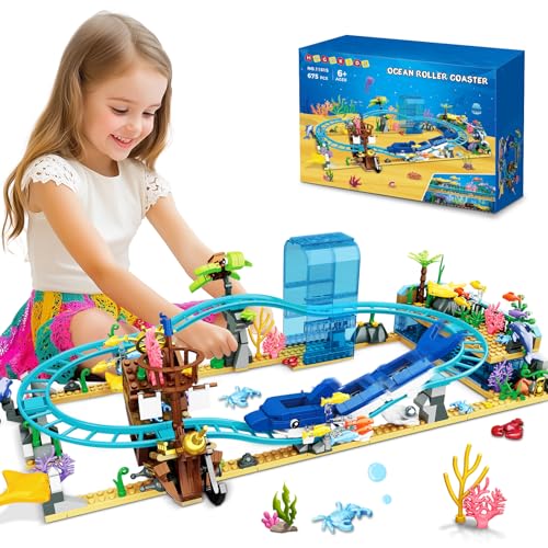 HOGOKIDS Ozean Achterbahn Bausatz für Kinder – Friends Aquarium Bausteine ​​675 Teile mit Piratenschiff und Delfin Triebwagen, Vergnügungspark Achterbahn Geschenk von 6–12 Jahren Mädchen und Jungen von HOGOKIDS