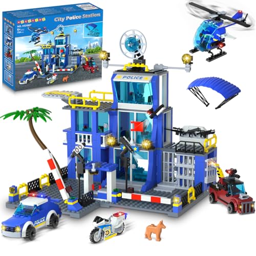 HOGOKIDS Polizeistation Bauspielzeug - 734 pcs Polizei-Bausteine Set mit LED-Licht, Hubschrauber, Polizei Motorrad, Fahrzeug, Panzerwagen, Geschenk für Kinder, Jungen und Mädchen ab 8–12 Jahre von HOGOKIDS