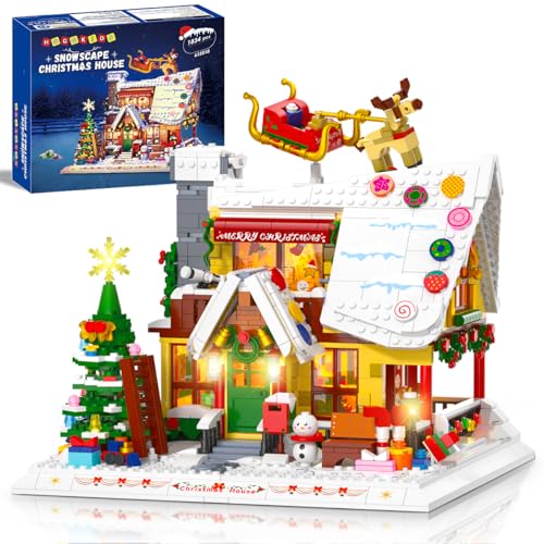 HOGOKIDS Weihnachtliches Lebkuchenhaus Bauspielzeug mit LED-Licht – 1834 PCS Schneelandschafts Weihnachtshaus Mini Bausteinset, Feriendorf-Bauspielzeug, Geschenk für Erwachsene Kinder ab 10 Jahren von HOGOKIDS