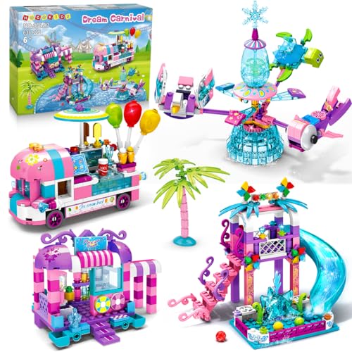 HOGOKIDS Mädchen Freizeitpark Rutsche Bausatz - 684 Stücke Friends Ice Cream Truck Baukasten 4 IN 1 Modell Prinzessin Wasserpark Spielzeug Christmas Geschenk für Kinder Mädchen 6 7 8 9 10 Jahre alt von HOGOKIDS