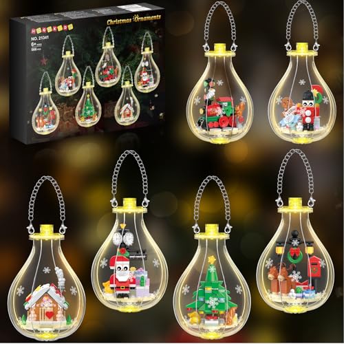 HOGOKIDS Weihnachtsbausätze mit Lichtern – 6er-Pack Christbaumschmuck Weihnachtsmann Lebkuchenhaus Nussknacker Elch Bauspielzeug, Festdeko, Geschenke für Jungen Mädchen von 6–12 Jahren (566 Teile) von HOGOKIDS