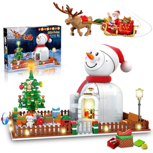 HOGOKIDS Weihnachtsmann Haus Bauspielzeug mit LED Licht - 566 Stück Winterzeit Schneemann Bausatz Weihnachtsbaum Dekoration Spielzeug Geschenk für Kinder Mädchen Jungen Alter 6 7 8 9 10+ Jahren alt von HOGOKIDS