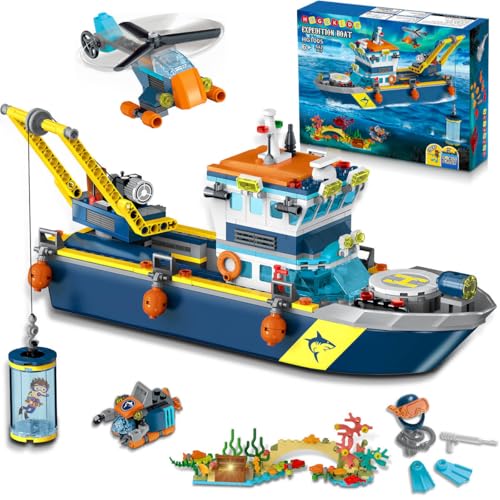 HOGOKIDS City Schwimmfähiges Boot Baukasten mit LED Licht - Spaß Arctic Explorer Schiffs Baustein Ozean Exploration mit Hubschrauber U-Boot Geburtstags Geschenk für 6+ Jahre alte Jungen Mädchen Kinder von HOGOKIDS