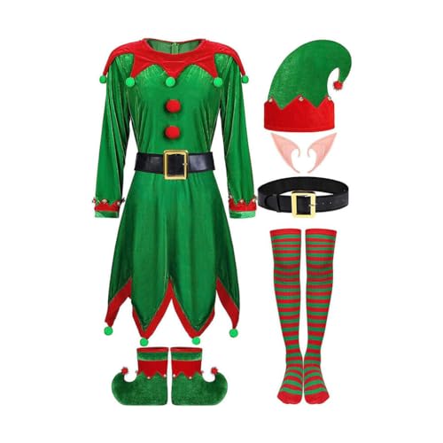 HOJIOESRD Komplettes Set für Damen, Elfenkostüm, Weihnachtsmann Kostüm, Weihnachts Deluxe Outfit mit klassischen Weihnachtsbildern aus Polyester, Grün, XXL von HOJIOESRD