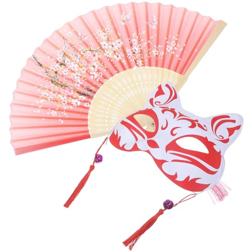 HOLIDYOYO 1 Satz Japanische Kitsune-Fuchsmaske Mit Fächer Kitsune Inu Boku Fuchskatzenmaske Süße Cosplay-Halbmaske Kimono-Kostümzubehör Für Maskerade-Cosplay-Party von HOLIDYOYO