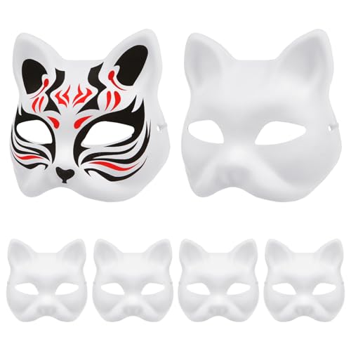 HOLIDYOYO Katzenmaske 6 Stück Weiße Papier-Fuchs-Masken Leere Maske Unbemalt Wolf Tier Halbe Diy-Farbe Maskerade-Maske Kostüm-Requisite Für Karneval Cosplay Tanz Party von HOLIDYOYO