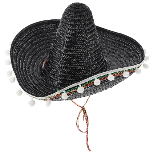 HOLIDYOYO Mexikanischer Sombrero-Hut Schwarzer Strohhut Mit Pompons 38 1 Cm Breit Authentischer Sombrero Für Cinco De Mayo Stroh-Sombrero Für Erwachsene Mexikanisches Serape-Kostüm von HOLIDYOYO