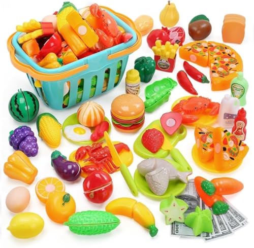 HOLYFUN 100 PCS Kinderküche Spielküche Zubehör, Pretend Obst & Gemüse Zubehör mit Einkaufskorb, Kunststoff Mini Gerichte, Spielgeld, perfekte pädagogisches Spielzeug für Kleinkinder von HOLYFUN