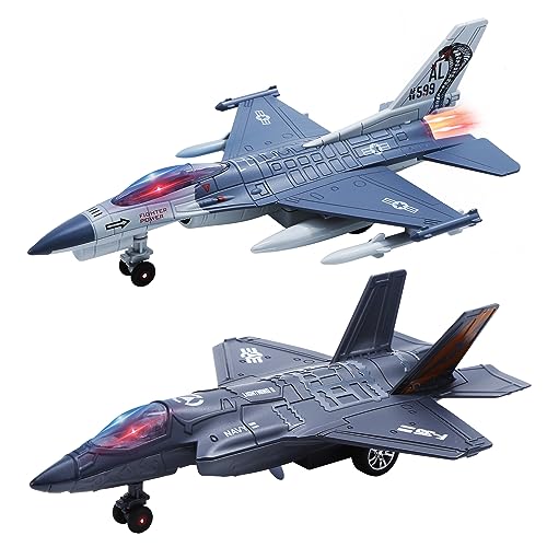 HOLYFUN 2 Packungen Spielzeug Flugzeug für Jungen mit Sound & Licht, Fighter Jet Plane Model Toys, Pull Back Diecast Plane Toys für Kinder von HOLYFUN