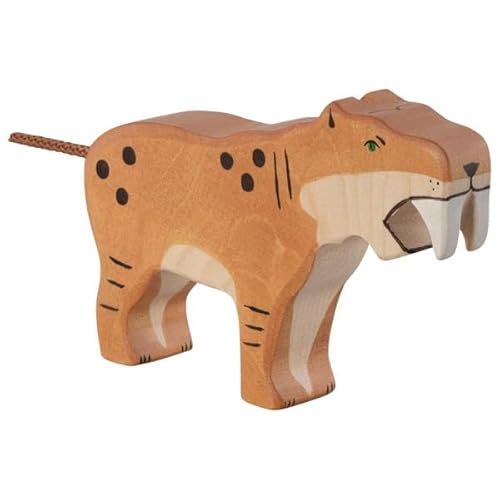 HOLZTIGER 80622 - Säbelzahntiger aus Holz, handgearbeitetes Holzspielzeug aus Ahorn, Farben auf Wasserbasis, fördert Fantasie & Kreativität der Kinder, Made IN Europe, 14cm x 3cm x 10cm, ab 3 Jahre von HOLZTIGER