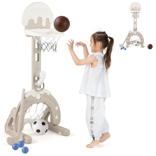 HOMASIS 4 in 1 Kinder Basketballkorb Set, multifunktional Basketballständer mit Fußballtor & Golf & Ringwurf im Kuchenform, höhenverstellbar Basketballkorb mit Ständer inkl. Bälle & Golfschläger, Grau von HOMASIS