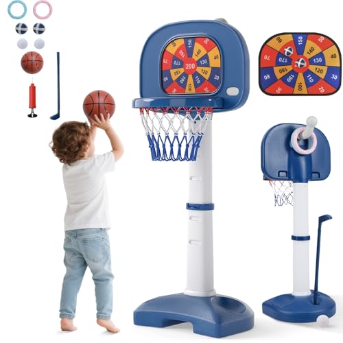HOMASIS 4 in 1 Kinder Basketballkorb Set, multifunktional Basketballständer mit Ringwurf & Klebeball & Golf, 111-146cm höhenverstellbar Basketballkorb mit Ständer inkl. Bälle & Golfschläger, Blau+Weiß HOMASIS 4 in 1 Kinder Basketballkorb Set, multifunktional Basketballständer mit Ringwurf & Klebeball & Golf, 111-146cm höhenverstellbar Basketballkorb mit Ständer inkl. Bälle & Golfschläger, Blau+Weiß von HOMASIS