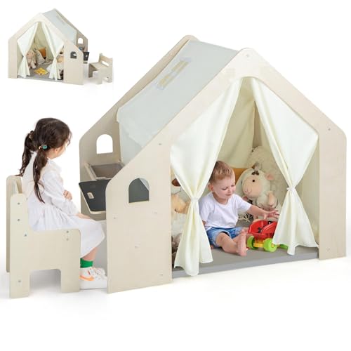 HOMASIS 6 in 1 Kinderzelt Indoor, Spielzelt mit Kindertisch & Stuhl, Kinder Spielhaus mit Matte & Tafel & Aufbewahrungsbox & Kreidebox, Kinderspielhaus aus Holz für Kinder ab 2 Jahren (Mit 1 Box) von HOMASIS