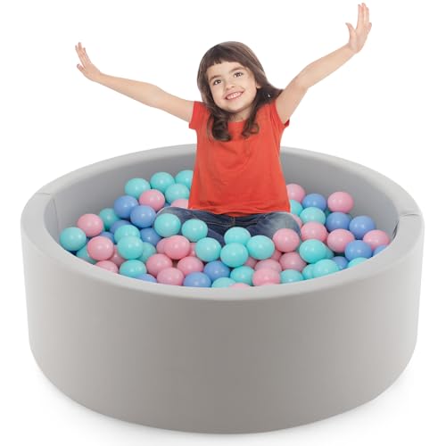 HOMASIS Bällebad Bällepool mit 200 Bällen ∅ 5,5 cm, Bällegruben rund 90 X 30cm, Ballgruben mit abnembare Bodenmatte & Bezug, Spielbad Ballpool Kugelbad für Babys Kinder, Ozeanbälle Blau Grau Rosa von HOMASIS