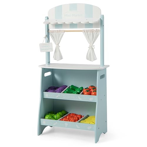 HOMASIS Holzgeschäft für Kinder, Spielzeugmarktstand mit Markise, Supermarkt Spielzeug mit 36 Obst- und Gemüseschneiden, Lebensmittelgeschäft für Kinder ab 3 Jahren, 45 x 24 x 86 cm, Blau von HOMASIS