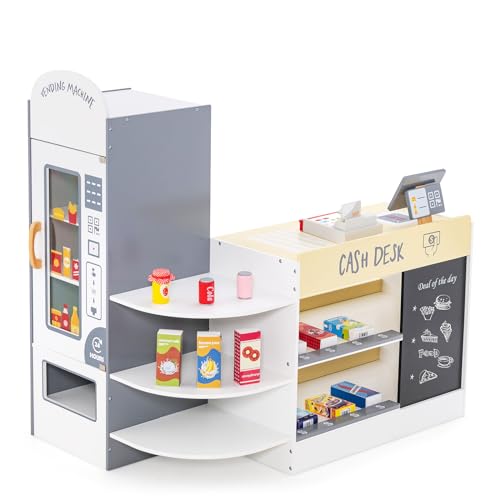 HOMASIS Kinder Kaufladen, Kaufmannsladen Holz mit 15 Zubehör & Tafel, Verkaufsstand mit Seitentheke, Supermarkt-Set mit Kasse, POS & Verkaufsautomat, Einkaufsladen für Kinder von 3 bis 8 Jahren (Weiß) HOMASIS Kinder Kaufladen, Kaufmannsladen Holz mit 15 Zubehör & Tafel, Verkaufsstand mit Seitentheke, Supermarkt-Set mit Kasse, POS & Verkaufsautomat, Einkaufsladen für Kinder von 3 bis 8 Jahren (Weiß) von HOMASIS