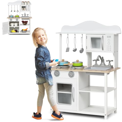 HOMASIS Kinderküche Holz, Kinder Spielküche mit Zubehör, Spielzeugküche mit Spüle Herd Backofen Mikrowelle, Holzküche Küchenspielset Miniküche für Kinder ab 3 Jahre, Weiß, 60x30x83 cm von HOMASIS