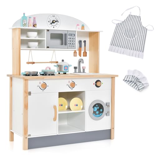 HOMASIS Kinderküche inkl. 17-teiligem Zubehör, Spielküche Holz, Spielzeugküche mit Backofen Mikrowellen Wasserbecken & Waschmaschine, Holzküche Kinderspielküche Küchespielzeug-Set für ab 3 Jahren von HOMASIS