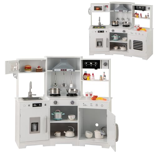 HOMASIS Kinderküche mit Licht & Sound, Eck Spielküche mit Zubehör, Küchenset mit Spüle Wasserhahn Mikrowelle Ofen Eismaschine, Spielzeugküche Holz, Küchenspielzeugset für Kinder ab 3 Jahren (Weiß) HOMASIS Kinderküche mit Licht & Sound, Eck Spielküche mit Zubehör, Küchenset mit Spüle Wasserhahn Mikrowelle Ofen Eismaschine, Spielzeugküche Holz, Küchenspielzeugset für Kinder ab 3 Jahren (Weiß) von HOMASIS