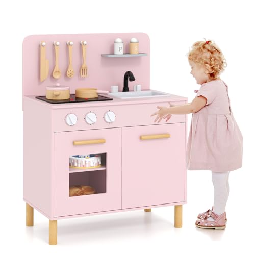 HOMASIS Kinderküche mit Licht & Sound, Spielküche aus Holz mit 10 Spielzubehör, Spielzeugküche mit Spüle Herd Backofen, Holzküche Miniküche Küchenspielset für Kinder ab 2 Jahre (Rosa) von HOMASIS