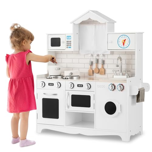 HOMASIS Kinderküche mit Spielzubehör, Kinder Spielküche Holz, Spielzeugküche mit Spüle Herd Backofen Mikrowelle Waschmaschine, Holzküche mit Kochgeschirr, Küchenset für Kinder ab 3 Jahre, 78x29x93cm von HOMASIS