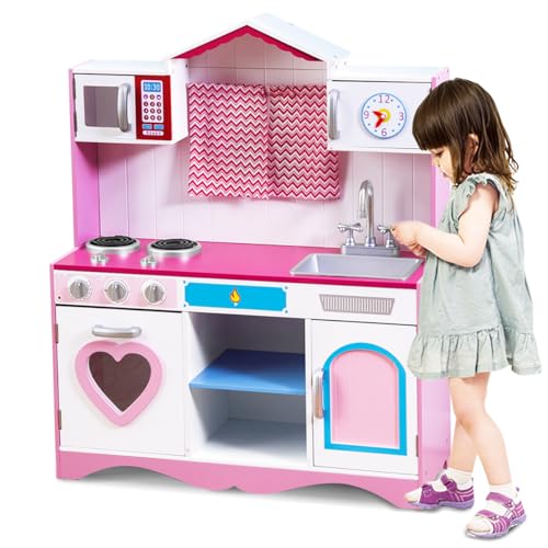 HOMASIS Kinderküche mit Spielzubehör, Kinder Spielküche mit Licht & Sound, Spielzeugküche mit Uhr Spüle Herd Backofen Mikrowelle, Holzküche Küchenspielset für Kinder ab 3 Jahre, Rosa, 82x30x100,5 cm von HOMASIS