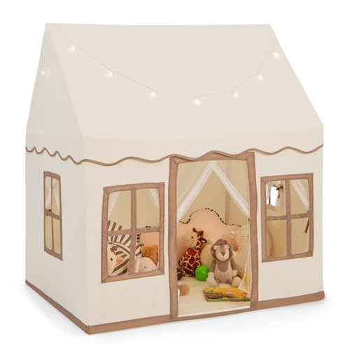 HOMASIS Kinderzelt Baumwolle, Kinder Spielhaus mit Sternenlichtern & Tragetasche & Matte, Spielzelt Prinzessin für Jungen & Mädchen, Kinder Zelt Indoor für Kinderzimmer & Spielzimmer (Beige+Kaffee) von HOMASIS