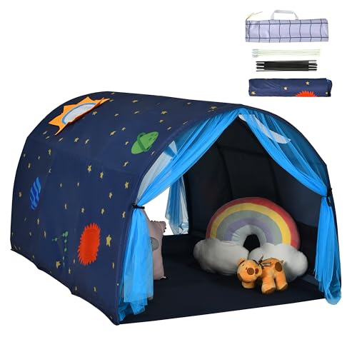 HOMASIS Kinderzelt Indoor, Kinderspielhaus mit Sternenhimmel & Netzvorhang & Tragetasche, Kinder Spielhaus für Jungen & Mädchen, Prinzessin Prinzess Spielzelt, 144x102x82cm (Blau) von HOMASIS