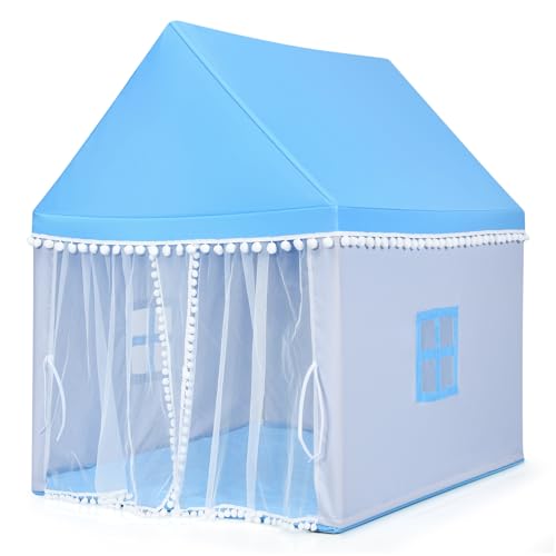 HOMASIS Kinderzelt für Indoor, Kinderspielhaus mit Matte & Fenstern & Holzrahmen & Vorhang, Kinder Spielzelt Prinzessin für Mädchen & Jungen, Bettzelt Tipi Zelt 105x120x140 cm (Modell 1-Blau) von HOMASIS