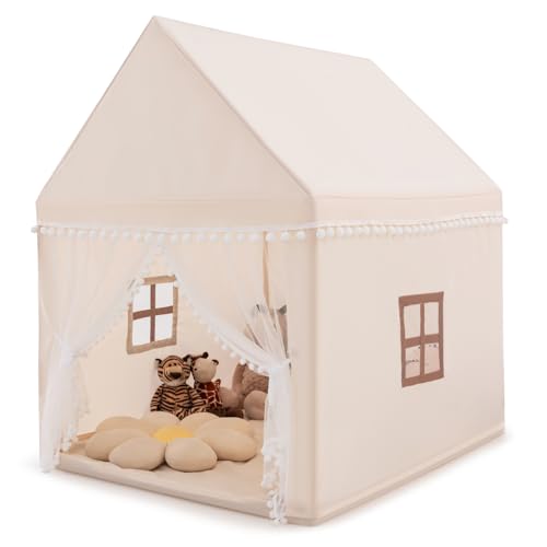 HOMASIS Kinderzelt für Indoor, Kinderspielhaus mit Matte & Fenstern & Holzrahmen & Vorhang, Kinder Spielzelt Prinzessin für Mädchen & Jungen, Bettzelt Tipi Zelt 105x120x140 cm (Modell 1-Beige) von HOMASIS