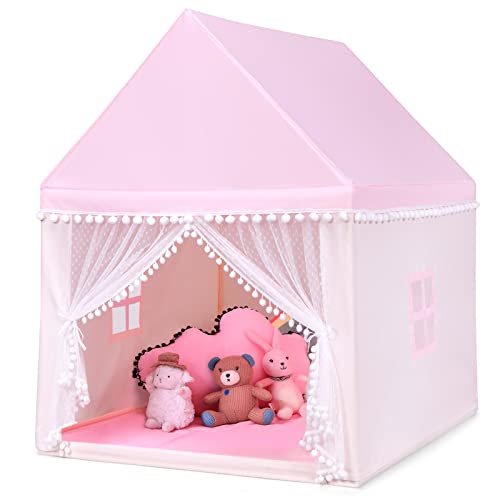 HOMASIS Kinderzelt für Indoor, Kinderspielhaus mit Matte & Fenstern & Holzrahmen & Vorhang, Kinder Spielzelt Prinzessin für Mädchen & Jungen, Bettzelt Tipi Zelt 105x120x140 cm (Modell 1-Rosa) von HOMASIS