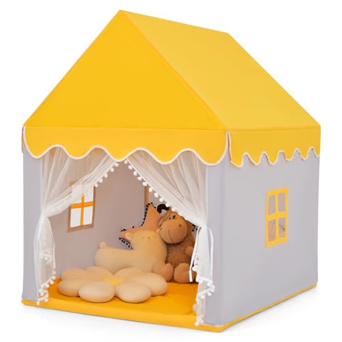 HOMASIS Kinderzelt für Indoor, Kinderspielhaus mit Matte & Fenstern & Holzrahmen & Vorhang, Kinder Spielzelt Prinzessin für Mädchen & Jungen, Bettzelt Tipi Zelt 105x120x140 cm (Modell 2-Gelb) von HOMASIS