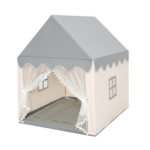 HOMASIS Kinderzelt für Indoor, Kinderspielhaus mit Matte & Fenstern & Holzrahmen & Vorhang, Kinder Spielzelt Prinzessin für Mädchen & Jungen, Bettzelt Tipi Zelt 105x120x140 cm (Modell 2-Beige+Grau) von HOMASIS