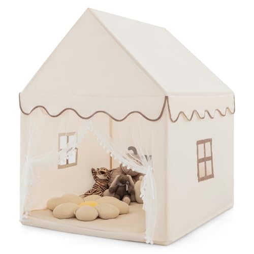 HOMASIS Kinderzelt für Indoor, Kinderspielhaus mit Matte & Fenstern & Holzrahmen & Vorhang, Kinder Spielzelt Prinzessin für Mädchen & Jungen, Bettzelt Tipi Zelt 105x120x140 cm (Modell 2-Beige) von HOMASIS