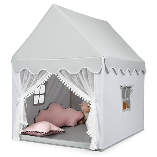 HOMASIS Kinderzelt für Indoor, Kinderspielhaus mit Matte & Fenstern & Holzrahmen & Vorhang, Kinder Spielzelt Prinzessin für Mädchen & Jungen, Bettzelt Tipi Zelt 105x120x140 cm (Modell 2-Grau) von HOMASIS